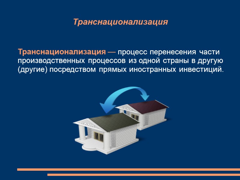 Транснационализация Транснационализация — процесс перенесения части производственных процессов из одной страны в другую (другие)
